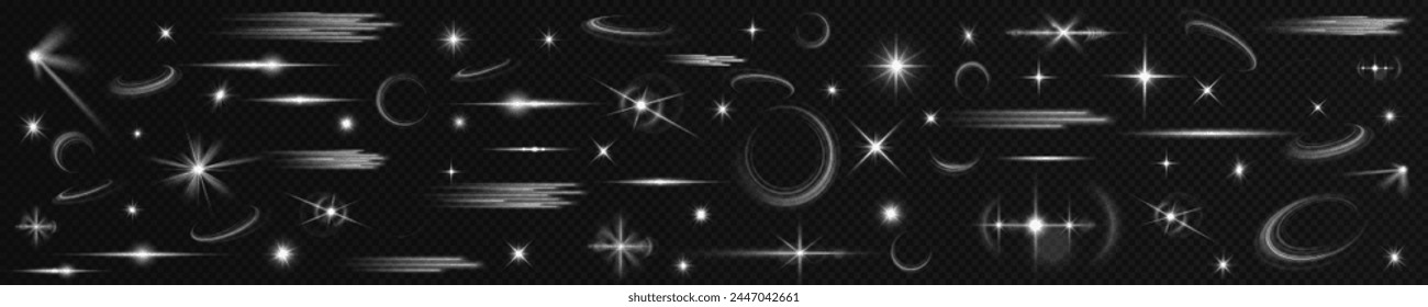 Light effect set. Glow isolated white transparent light effect set, lens flare, explosion, glitter, dust, line, sun flash, spark and stars, spotlight, curve twirl. Sunlight, abstract special effect.