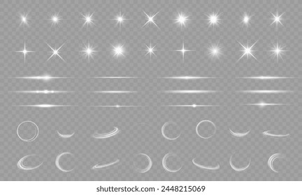 Light effect set. Glow isolated white transparent light effect set, lens flare, explosion, glitter, dust, line, sun flash, spark and stars, spotlight, curve twirl. Sunlight, abstract special effect.
