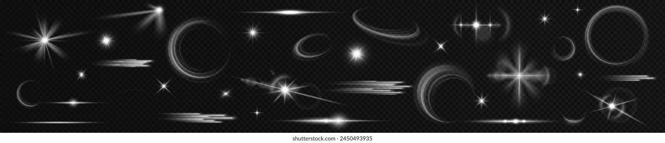 Light effect set. Glow isolated white transparent light effect set, lens flare, explosion, glitter, dust, line, sun flash, spark and stars, spotlight, curve twirl. Sunlight, abstract special effect.