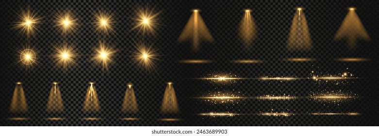 Light effect set. Glow isolated white transparent light effect set, lens flare, explosion, glitter, dust, line, sun flash, spark and stars, spotlight, curve twirl. Sunlight, abstract special effect.