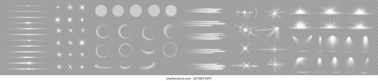 Light effect set. Glow isolated white transparent light effect set, lens flare, explosion, glitter, dust, line, sun flash, spark and stars, spotlight, curve twirl. Sunlight, abstract special effect.