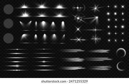 Light effect set. Glow isolated white transparent light effect set, lens flare, explosion, glitter, dust, line, sun flash, spark and stars, spotlight, curve twirl. Sunlight, abstract special effect.