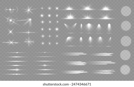 Light effect set. Glow isolated white transparent light effect set, lens flare, explosion, glitter, dust, line, sun flash, spark and stars, spotlight, curve twirl. Sunlight, abstract special effect.