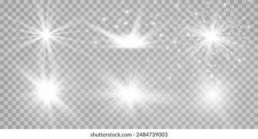 Light effect set. Glow isolated white transparent light effect set, lens flare, explosion, glitter, dust, line, sun flash, spark and stars, spotlight, curve twirl. Sunlight, abstract special effect.