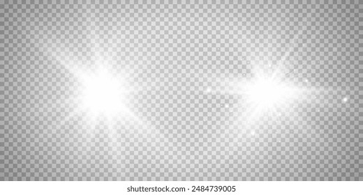 Light effect set. Glow isolated white transparent light effect set, lens flare, explosion, glitter, dust, line, sun flash, spark and stars, spotlight, curve twirl. Sunlight, abstract special effect.