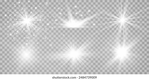 Light effect set. Glow isolated white transparent light effect set, lens flare, explosion, glitter, dust, line, sun flash, spark and stars, spotlight, curve twirl. Sunlight, abstract special effect.