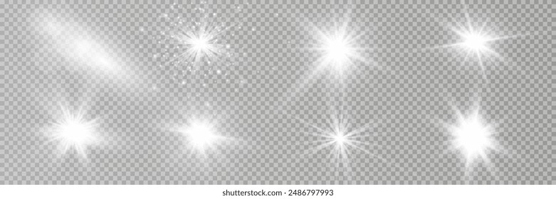 Light effect set. Glow isolated white transparent light effect set, lens flare, explosion, glitter, dust, line, sun flash, spark and stars, spotlight, curve twirl. Sunlight, abstract special effect.