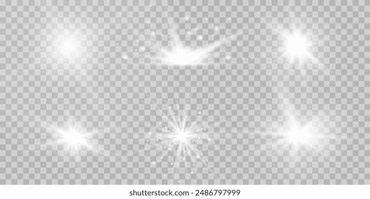 Light effect set. Glow isolated white transparent light effect set, lens flare, explosion, glitter, dust, line, sun flash, spark and stars, spotlight, curve twirl. Sunlight, abstract special effect.
