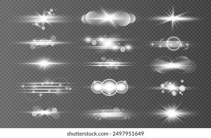 Light effect set. Glow isolated white transparent light effect set, lens flare, explosion, glitter, dust, line, sun flash, spark and stars, spotlight, curve twirl. Sunlight, abstract special effect.