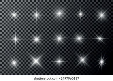 Light effect set. Glow isolated white transparent light effect set, lens flare, explosion, glitter, dust, sun flash, spark and stars, spotlight. Vector illustration