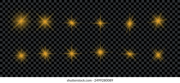 Light effect set. Glow isolated yellow transparent light effect set, lens flare, explosion, glitter, dust, line, sun flash, spark and stars, spotlight, curve twirl. Vector illustration