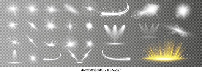 Light effect set. Glow isolated white transparent light effect set, lens flare, explosion, glitter, dust, line, sun flash, spark and stars, spotlight, curve twirl. Sunlight, abstract special effect.