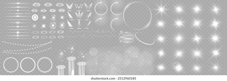 Light effect set. Glow isolated white transparent light effect set, lens flare, explosion, glitter, dust, line, sun flash, spark and stars, spotlight, curve twirl. Sunlight, abstract special effect.