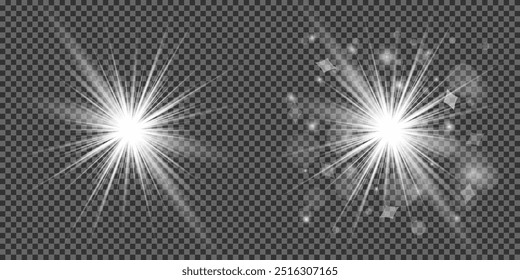 Conjunto de efectos de luz. Resplandor aislado blanco transparente efecto de luz conjunto, destello de la lente, explosión, brillo, polvo, línea, flash de sol, chispa y estrellas, foco, curva de giro. Luz del sol, efecto especial abstracto.