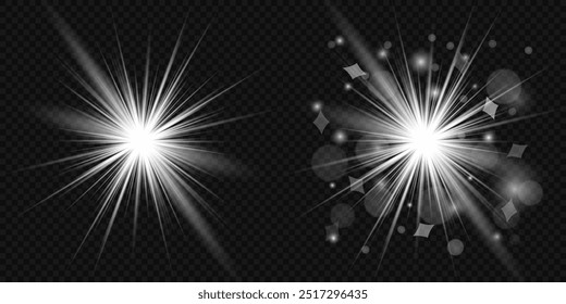 Conjunto de efeitos de luz. Brilho isolado branco transparente luz efeito conjunto, flare lente, explosão, brilho, poeira, linha, flash de sol, faísca e estrelas, luz de spot, giro curva. Luz solar, efeito especial abstrato.