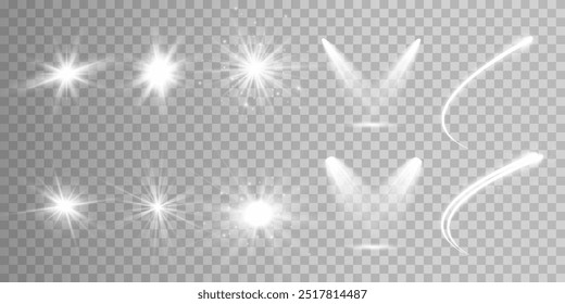 Light effect set. Glow isolated white transparent light effect set, lens flare, explosion, glitter, dust, line, sun flash, spark and stars, spotlight, curve twirl. Sunlight, abstract special effect.
