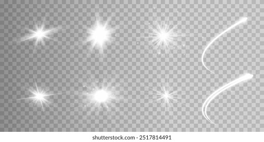 Light effect set. Glow isolated white transparent light effect set, lens flare, explosion, glitter, dust, line, sun flash, spark and stars, spotlight, curve twirl. Sunlight, abstract special effect.