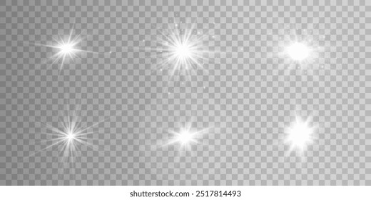 Light effect set. Glow isolated white transparent light effect set, lens flare, explosion, glitter, dust, line, sun flash, spark and stars, spotlight, curve twirl. Sunlight, abstract special effect.