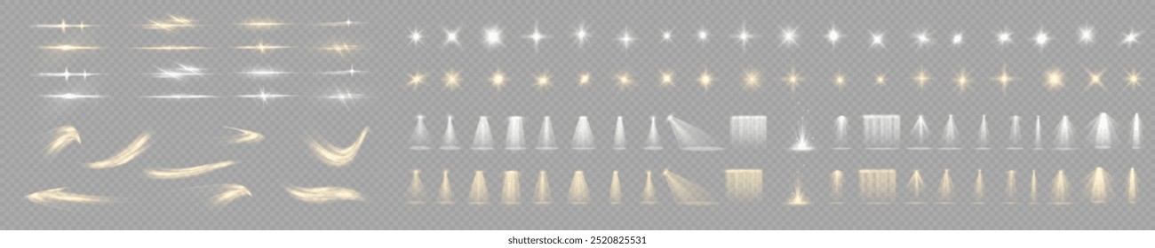 Conjunto de efeitos de luz. Brilho isolado branco transparente luz efeito conjunto, flare lente, explosão, brilho, poeira, linha, flash de sol, faísca e estrelas, luz de spot, giro curva. Luz solar, efeito especial abstrato.