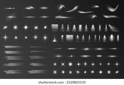 Conjunto de efeitos de luz. Brilho isolado branco transparente luz efeito conjunto, flare lente, explosão, brilho, poeira, linha, flash de sol, faísca e estrelas, luz de spot, giro curva. Luz solar, efeito especial abstrato.