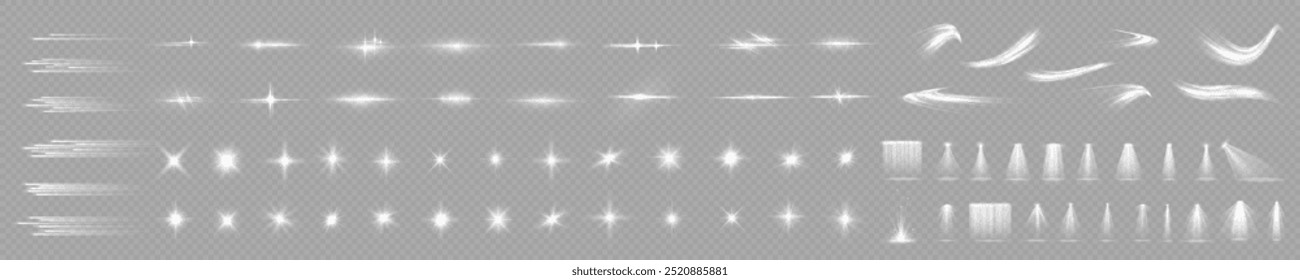 Light effect set. Glow isolated white transparent light effect set, lens flare, explosion, glitter, dust, line, sun flash, spark and stars, spotlight, curve twirl. Sunlight, abstract special effect.