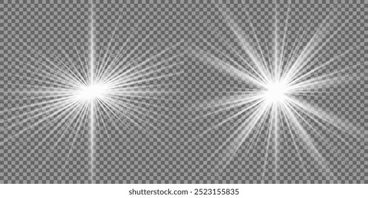 Light effect set. Glow isolated white transparent light effect set, lens flare, explosion, glitter, dust, line, sun flash, spark and stars, spotlight, curve twirl. Sunlight, abstract special effect.