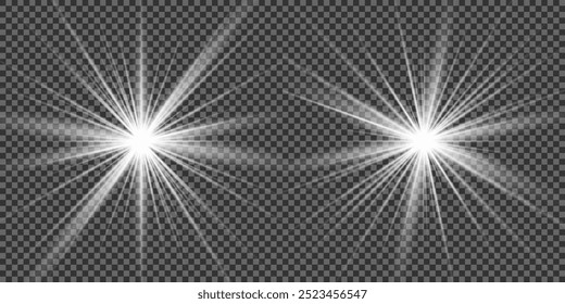 Light effect set. Glow isolated white transparent light effect set, lens flare, explosion, glitter, dust, line, sun flash, spark and stars, spotlight, curve twirl. Sunlight, abstract special effect.