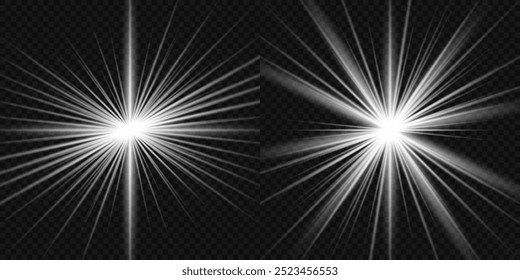 Light effect set. Glow isolated white transparent light effect set, lens flare, explosion, glitter, dust, line, sun flash, spark and stars, spotlight, curve twirl. Sunlight, abstract special effect.