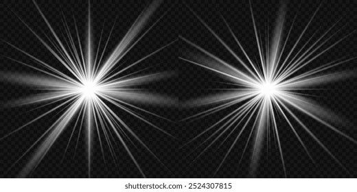 Light effect set. Glow isolated white transparent light effect set, lens flare, explosion, glitter, dust, line, sun flash, spark and stars, spotlight, curve twirl. Sunlight, abstract special effect.