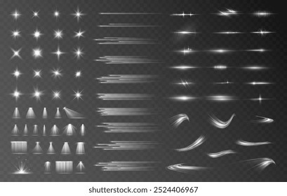 Light effect set. Glow isolated white transparent light effect set, lens flare, explosion, glitter, dust, line, sun flash, spark and stars, spotlight, curve twirl. Sunlight, abstract special effect.