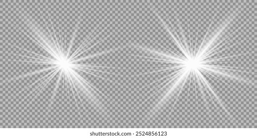 Light effect set. Glow isolated white transparent light effect set, lens flare, explosion, glitter, dust, line, sun flash, spark and stars, spotlight, curve twirl. Sunlight, abstract special effect.