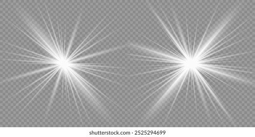 Light effect set. Glow isolated white transparent light effect set, lens flare, explosion, glitter, dust, line, sun flash, spark and stars, spotlight, curve twirl. Sunlight, abstract special effect.