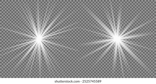 Light effect set. Glow isolated white transparent light effect set, lens flare, explosion, glitter, dust, line, sun flash, spark and stars, spotlight, curve twirl. Sunlight, abstract special effect.