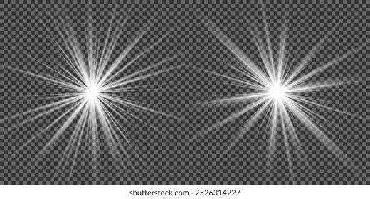 Light effect set. Glow isolated white transparent light effect set, lens flare, explosion, glitter, dust, line, sun flash, spark and stars, spotlight, curve twirl. Sunlight, abstract special effect.