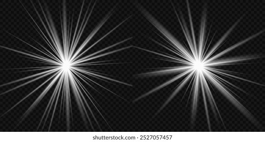 Light effect set. Glow isolated white transparent light effect set, lens flare, explosion, glitter, dust, line, sun flash, spark and stars, spotlight, curve twirl. Sunlight, abstract special effect.