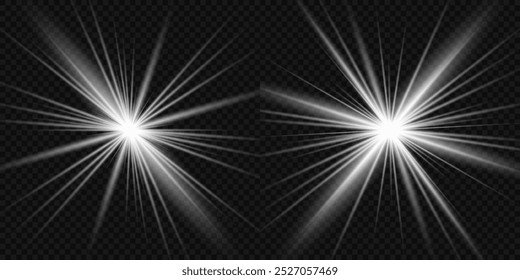 Light effect set. Glow isolated white transparent light effect set, lens flare, explosion, glitter, dust, line, sun flash, spark and stars, spotlight, curve twirl. Sunlight, abstract special effect.