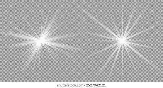 Light effect set. Glow isolated white transparent light effect set, lens flare, explosion, glitter, dust, line, sun flash, spark and stars, spotlight, curve twirl. Sunlight, abstract special effect.