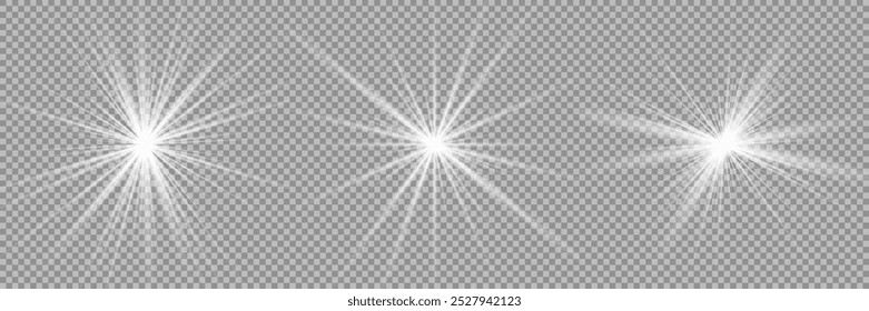 Light effect set. Glow isolated white transparent light effect set, lens flare, explosion, glitter, dust, line, sun flash, spark and stars, spotlight, curve twirl. Sunlight, abstract special effect.
