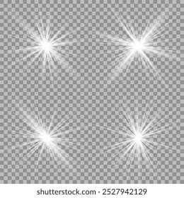 Light effect set. Glow isolated white transparent light effect set, lens flare, explosion, glitter, dust, line, sun flash, spark and stars, spotlight, curve twirl. Sunlight, abstract special effect.