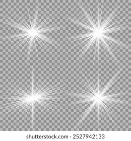 Light effect set. Glow isolated white transparent light effect set, lens flare, explosion, glitter, dust, line, sun flash, spark and stars, spotlight, curve twirl. Sunlight, abstract special effect.