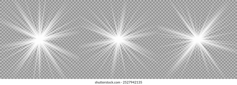 Conjunto de efeitos de luz. Brilho isolado branco transparente luz efeito conjunto, flare lente, explosão, brilho, poeira, linha, flash de sol, faísca e estrelas, luz de spot, giro curva. Luz solar, efeito especial abstrato.