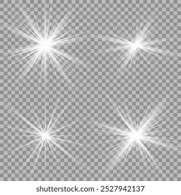 Conjunto de efeitos de luz. Brilho isolado branco transparente luz efeito conjunto, flare lente, explosão, brilho, poeira, linha, flash de sol, faísca e estrelas, luz de spot, giro curva. Luz solar, efeito especial abstrato.