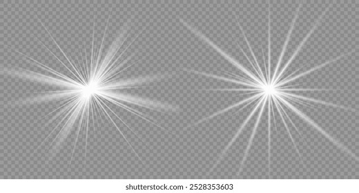 Light effect set. Glow isolated white transparent light effect set, lens flare, explosion, glitter, dust, line, sun flash, spark and stars, spotlight, curve twirl. Sunlight, abstract special effect.