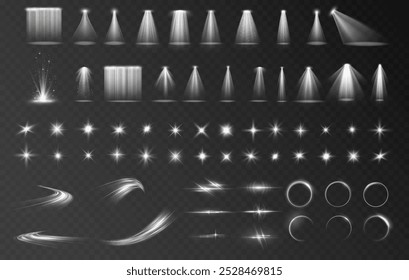 Conjunto de efeitos de luz. Brilho isolado branco transparente luz efeito conjunto, flare lente, explosão, brilho, poeira, linha, flash de sol, faísca e estrelas, luz de spot, giro curva. Luz solar, efeito especial abstrato.