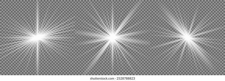 Light effect set. Glow isolated white transparent light effect set, lens flare, explosion, glitter, dust, line, sun flash, spark and stars, spotlight, curve twirl. Sunlight, abstract special effect.