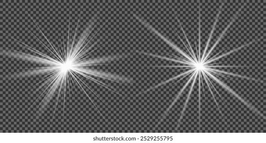Conjunto de efeitos de luz. Brilho isolado branco transparente luz efeito conjunto, flare lente, explosão, brilho, poeira, linha, flash de sol, faísca e estrelas, luz de spot, giro curva. Luz solar, efeito especial abstrato.