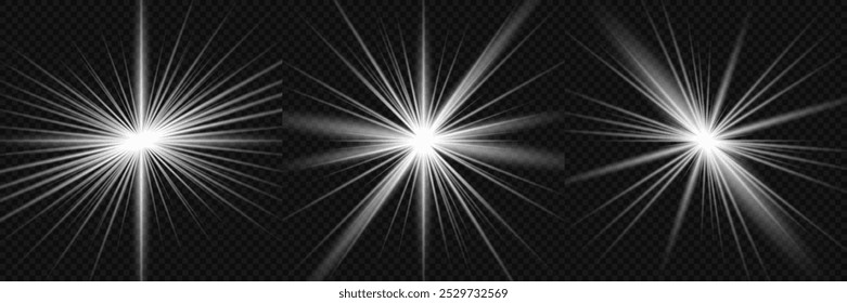 Light effect set. Glow isolated white transparent light effect set, lens flare, explosion, glitter, dust, line, sun flash, spark and stars, spotlight, curve twirl. Sunlight, abstract special effect.