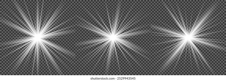 Light effect set. Glow isolated white transparent light effect set, lens flare, explosion, glitter, dust, line, sun flash, spark and stars, spotlight, curve twirl. Sunlight, abstract special effect.