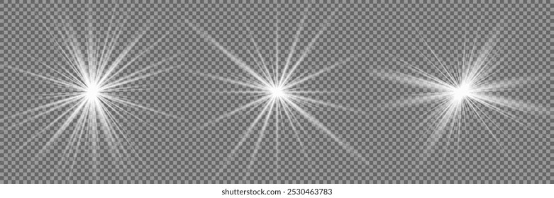 Light effect set. Glow isolated white transparent light effect set, lens flare, explosion, glitter, dust, line, sun flash, spark and stars, spotlight, curve twirl. Sunlight, abstract special effect.