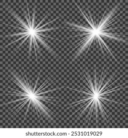 Light effect set. Glow isolated white transparent light effect set, lens flare, explosion, glitter, dust, line, sun flash, spark and stars, spotlight, curve twirl. Sunlight, abstract special effect.